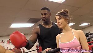 Domina cuckolds in boxing gym for jizm