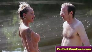 Big-titted chick dom draining boy outdoors for jizm